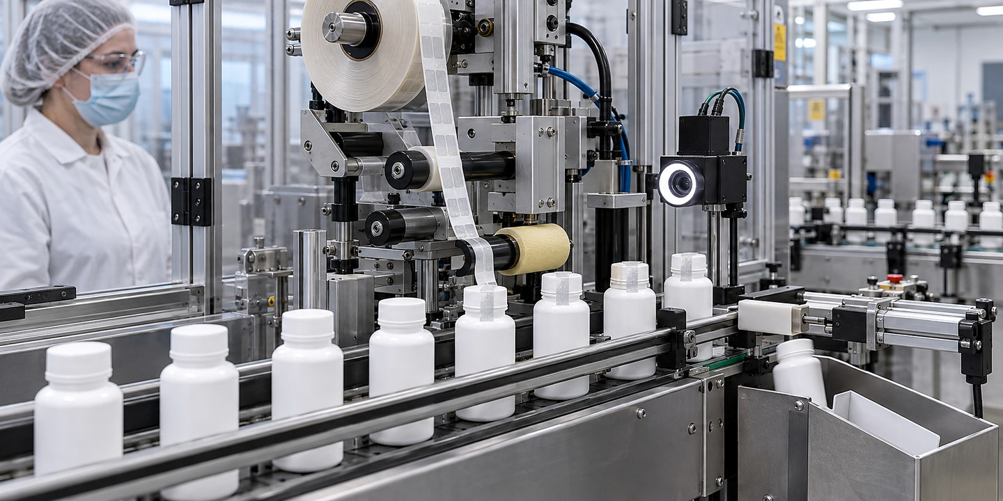 Cartons passing through a label applicator applying tamper-evident bridge seals, with inspection camera and reject station visible.